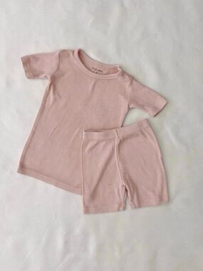 Kids Pink Ribbed Short Sleeve Top & Shorts Pajama Set